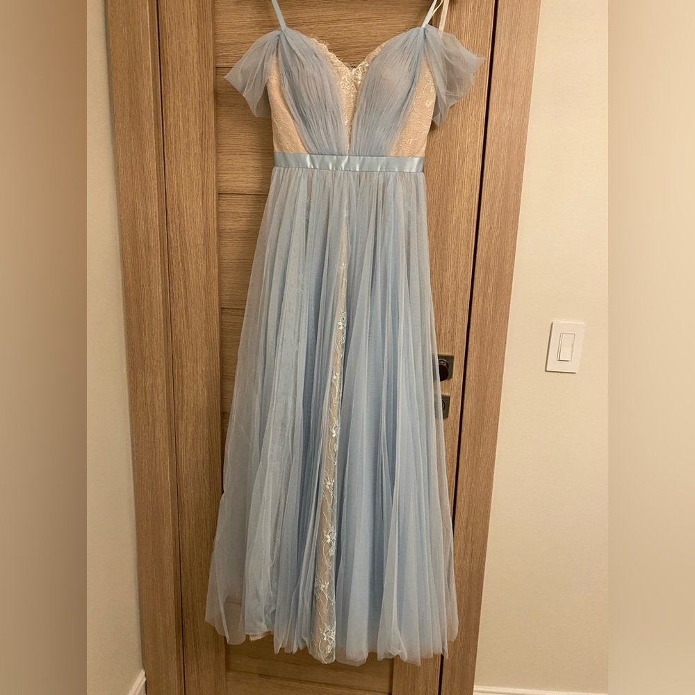 SOLD- Etherial, Stunning Baby Blue Studded/Lace/Chiffon gown // Sherri Hill